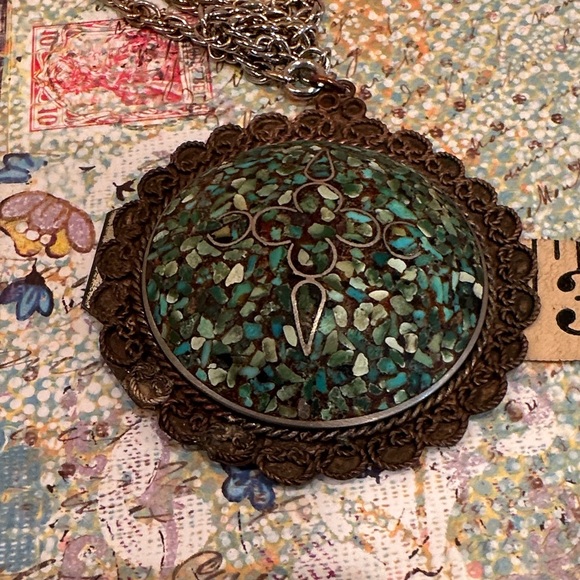 Vintage 1970s Turquoise Mosaic Pendant – Filigree Border, 2.75" Diam, Rope Chain - Picture 3 of 6